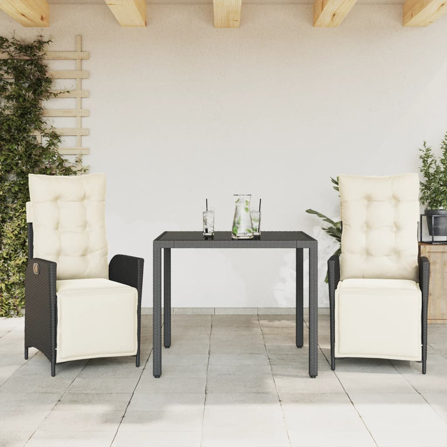 3-Delige Tuinset Met Kussens Poly Rattan 2 90 cm tafellengte Zwart en crème