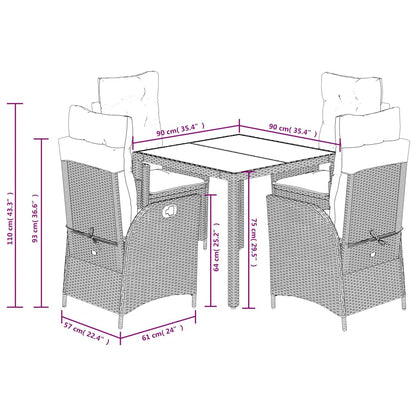 5-Delige Tuinset Met Kussens Poly Rattan 4 90 cm tafellengte Zwart en crème