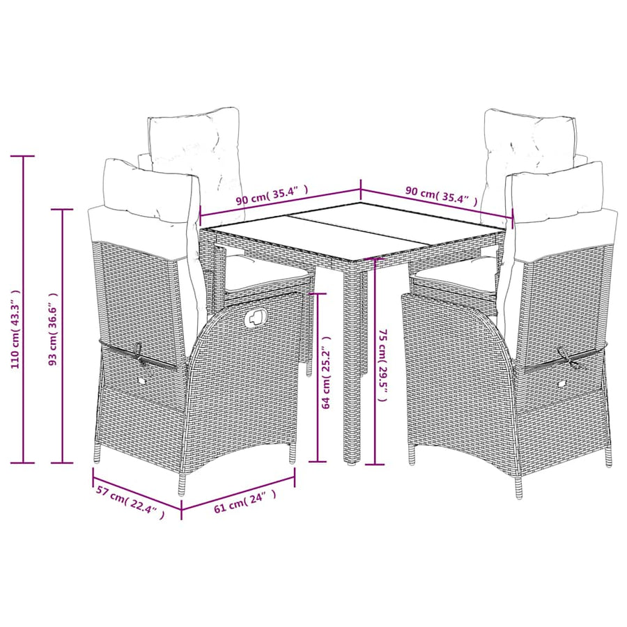 5-Delige Tuinset Met Kussens Poly Rattan 4 90 cm tafellengte Zwart en crème