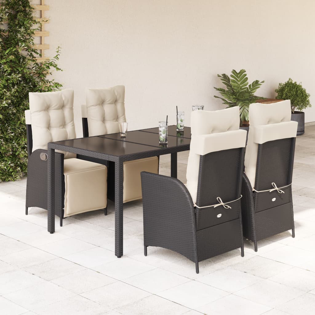 5-delige Tuinset met kussens poly rattan zwart