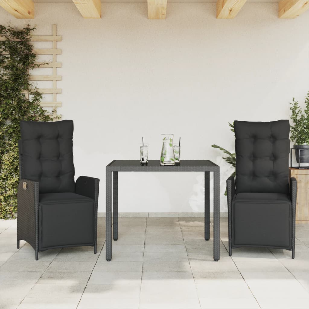 3-Delige Tuinset Met Kussens Poly Rattan 2 90 cm tafellengte Zwart