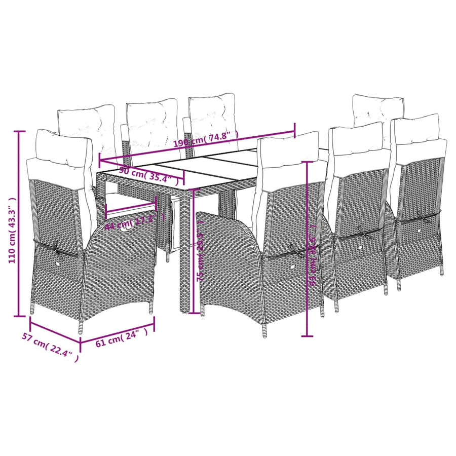 9-delige Tuinset met kussens poly rattan grijs