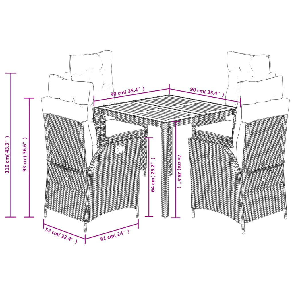 5-delige Tuinset met kussens poly rattan zwart