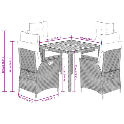 5-delige Tuinset met kussens poly rattan zwart