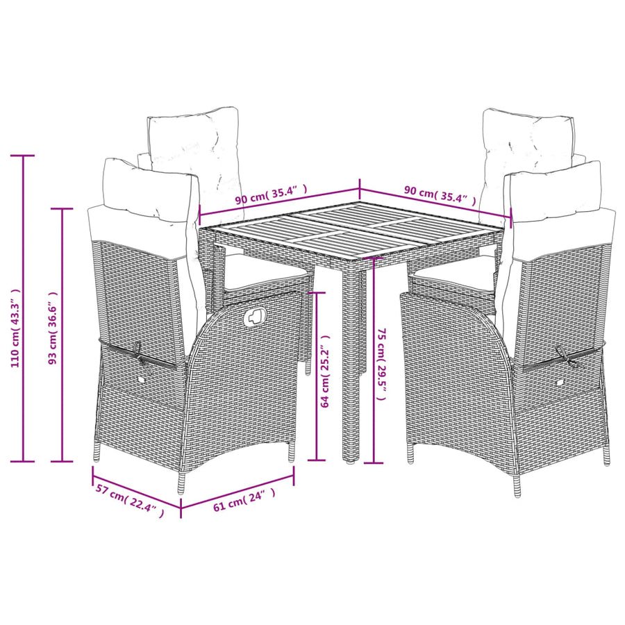 5-delige Tuinset met kussens poly rattan zwart