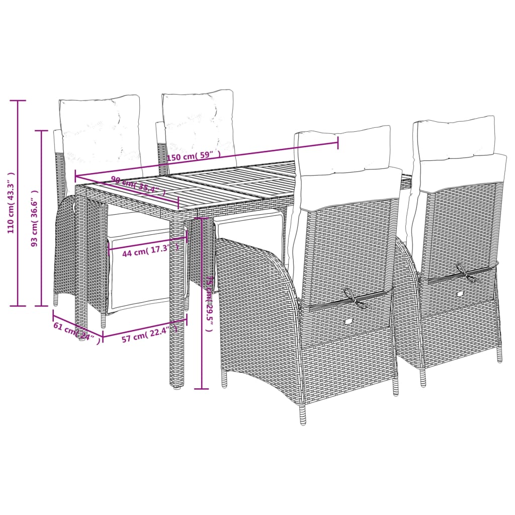 5-delige Tuinset met kussens poly rattan zwart