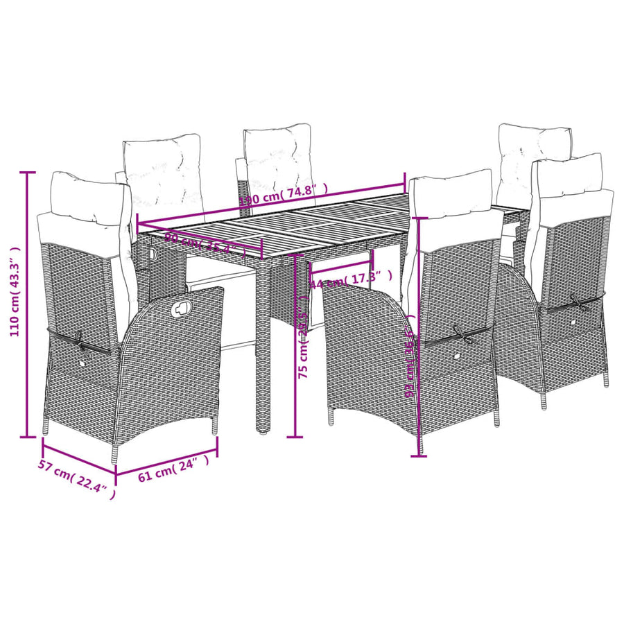 7-Delige Tuinset Met Kussens Poly Rattan 6 190 cm tafellengte Zwart en crème