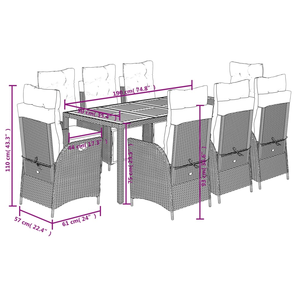 9-Delige Tuinset Poly Rattan 8 190 cm tafellengte Zwart en crème