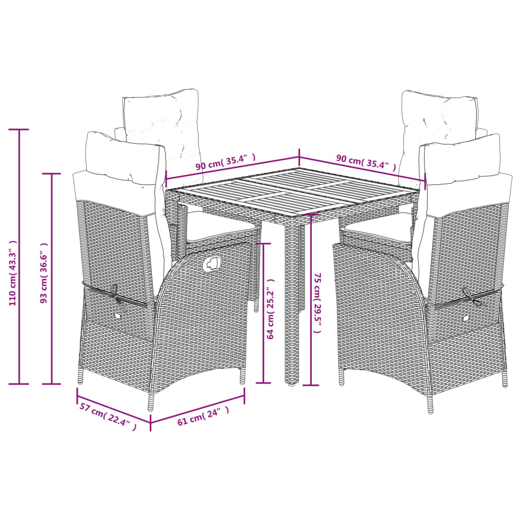 5-delige Tuinset met kussens poly rattan zwart