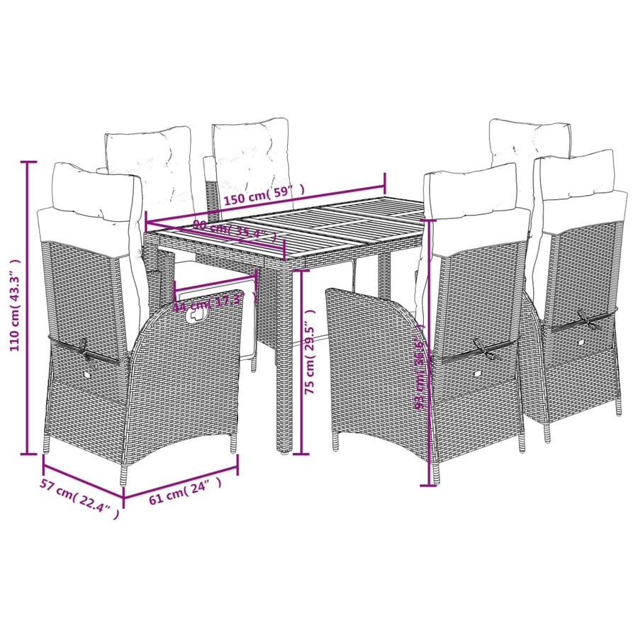 7-delige Tuinset met kussens poly rattan zwart