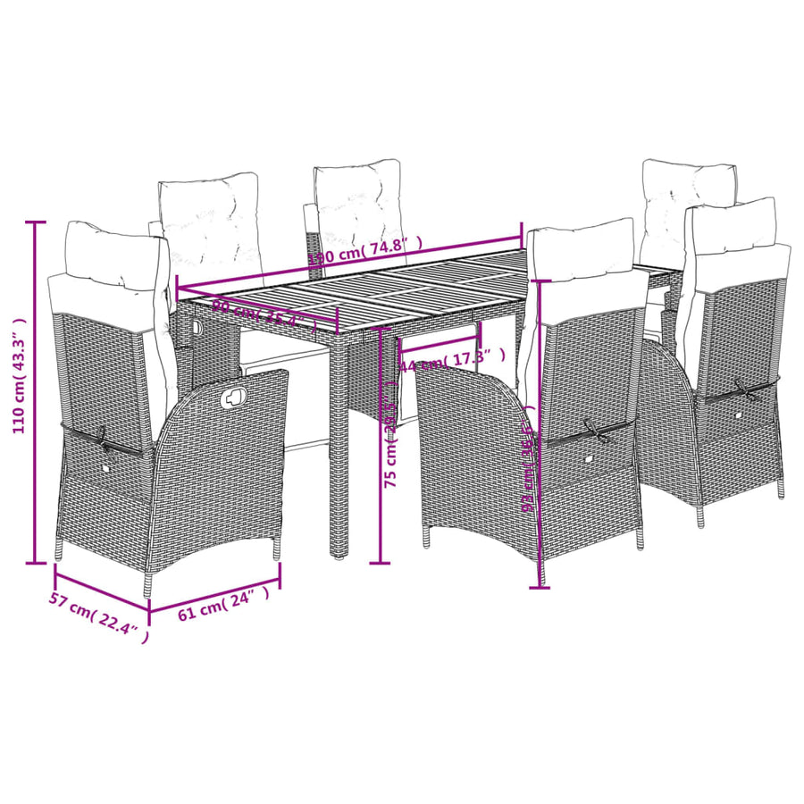 7-Delige Tuinset Met Kussens Poly Rattan 6 190 cm tafellengte Zwart