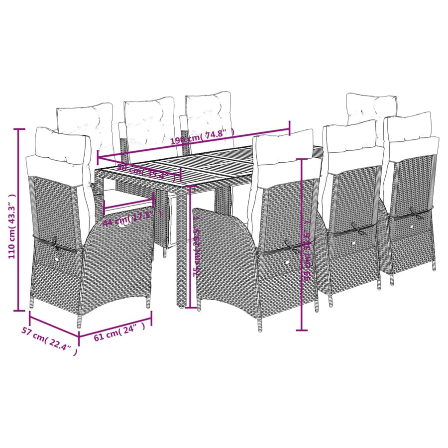 9-Delige Tuinset Poly Rattan 8 190 cm tafellengte Zwart