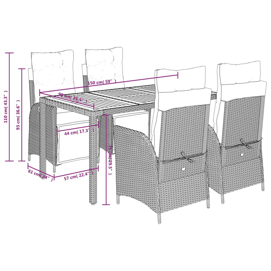 5-delige Tuinset met kussens poly rattan grijs