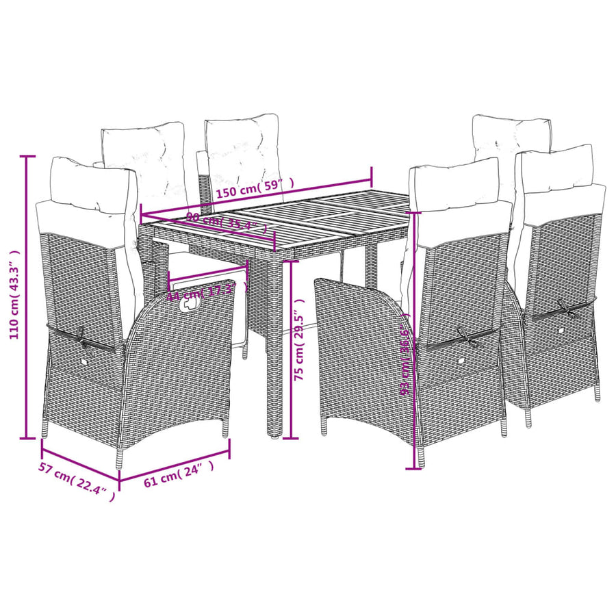 7-delige Tuinset met kussens poly rattan grijs