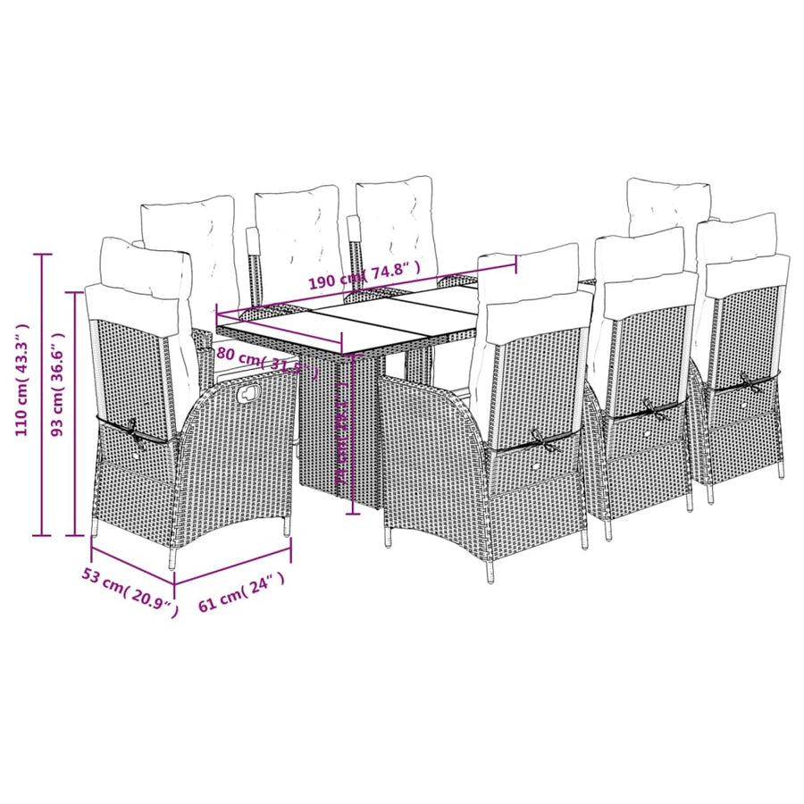 9-delige Tuinset met kussens poly rattan grijs