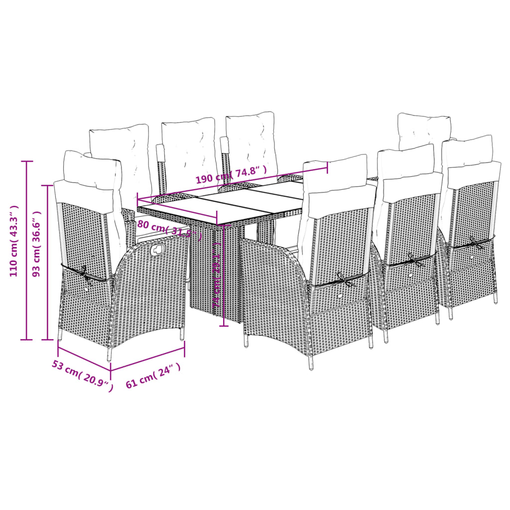 9-Delige Tuinset Met Kussens Poly Rattan 8 Gemengd beige Glas