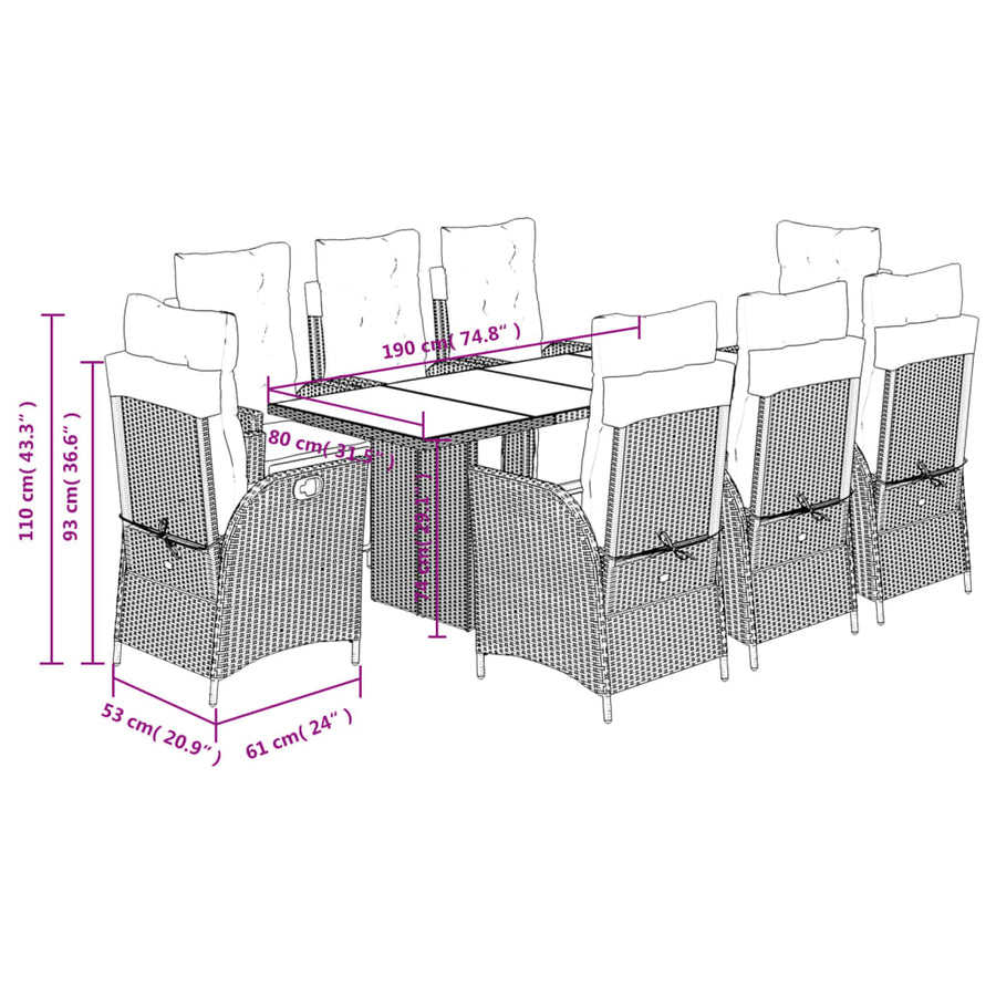 9-Delige Tuinset Met Kussens Poly Rattan 8 Gemengd beige Glas