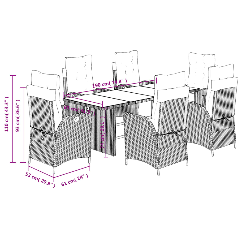 7-delige Tuinset met kussens poly rattan grijs