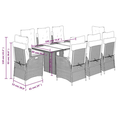 9-delige Tuinset met kussens poly rattan lichtgrijs