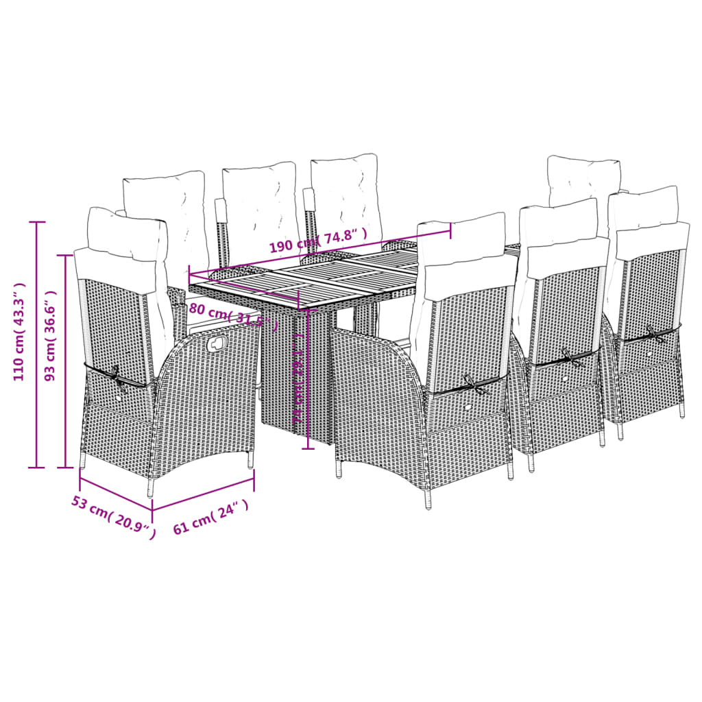 9-delige Tuinset met kussens poly rattan grijs