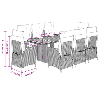 9-delige Tuinset met kussens poly rattan grijs