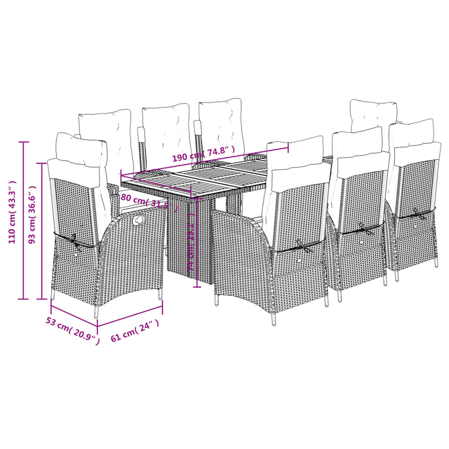 9-delige Tuinset met kussens poly rattan grijs