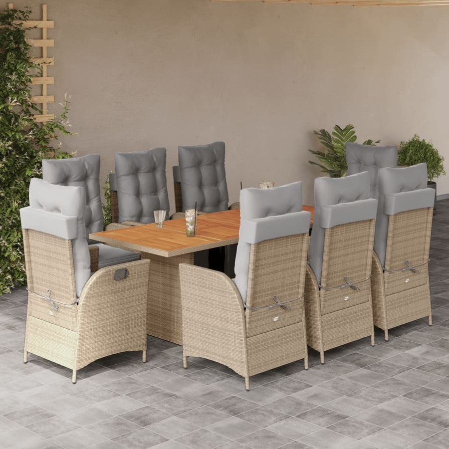 9-Delige Tuinset Met Kussens Poly Rattan 8 Gemengd beige Hout