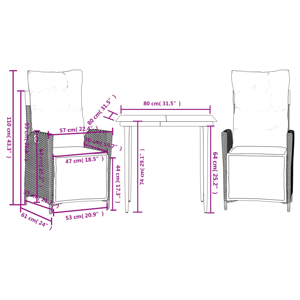3-delige Tuinset met kussens poly rattan zwart