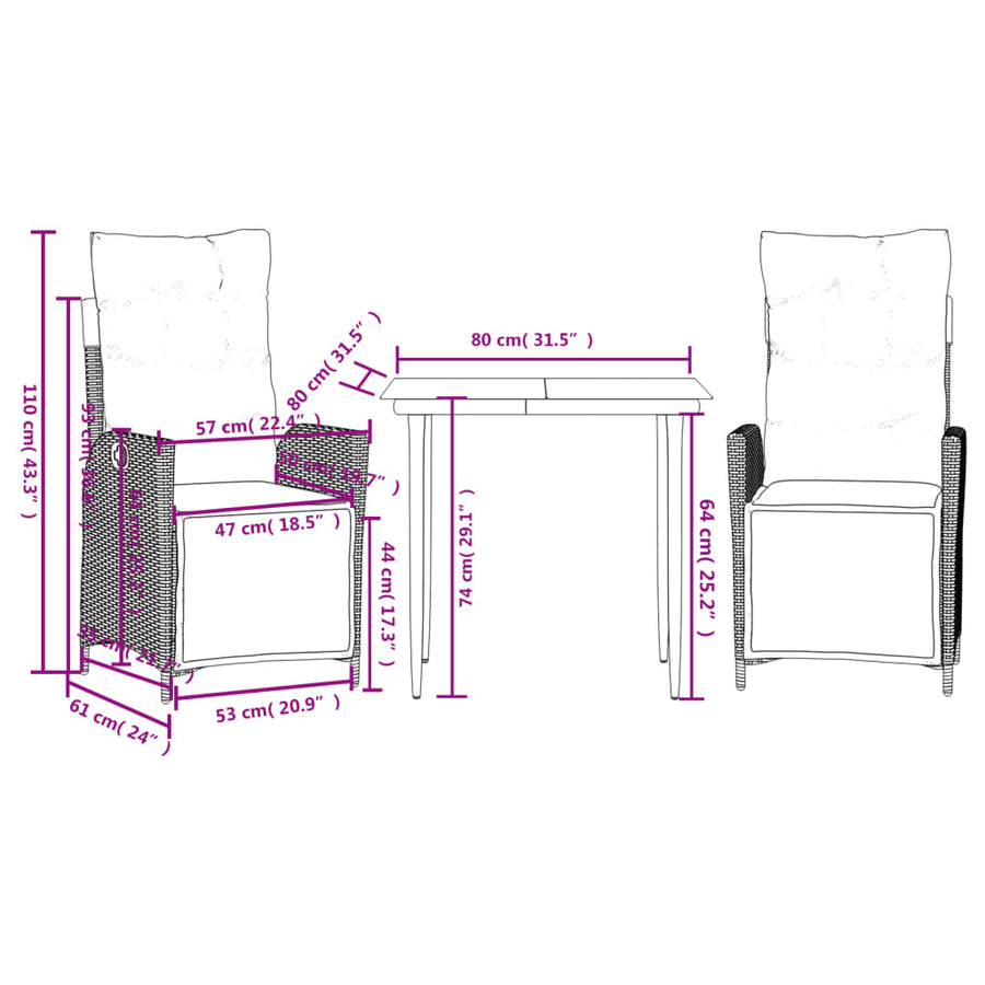 3-delige Tuinset met kussens poly rattan zwart