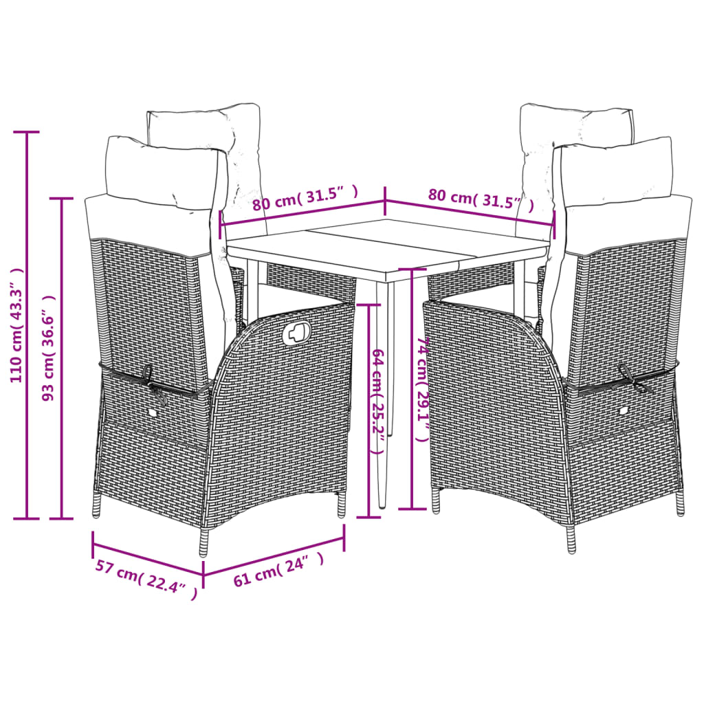 5-delige Tuinset met kussens poly rattan zwart