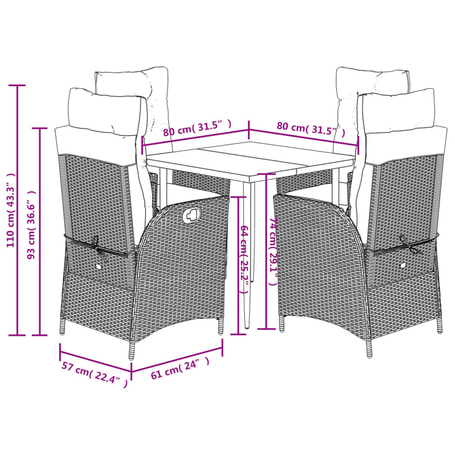 5-delige Tuinset met kussens poly rattan zwart
