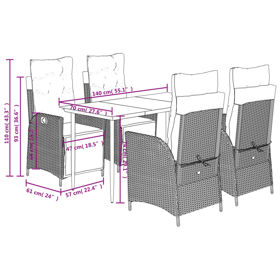 5-Delige Tuinset Met Kussens Poly Rattan Zwart 4 140 cm tafellengte