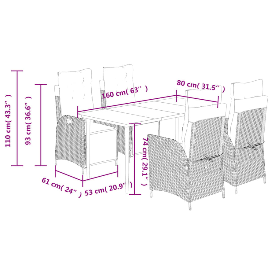 5-delige Tuinset met kussens poly rattan zwart