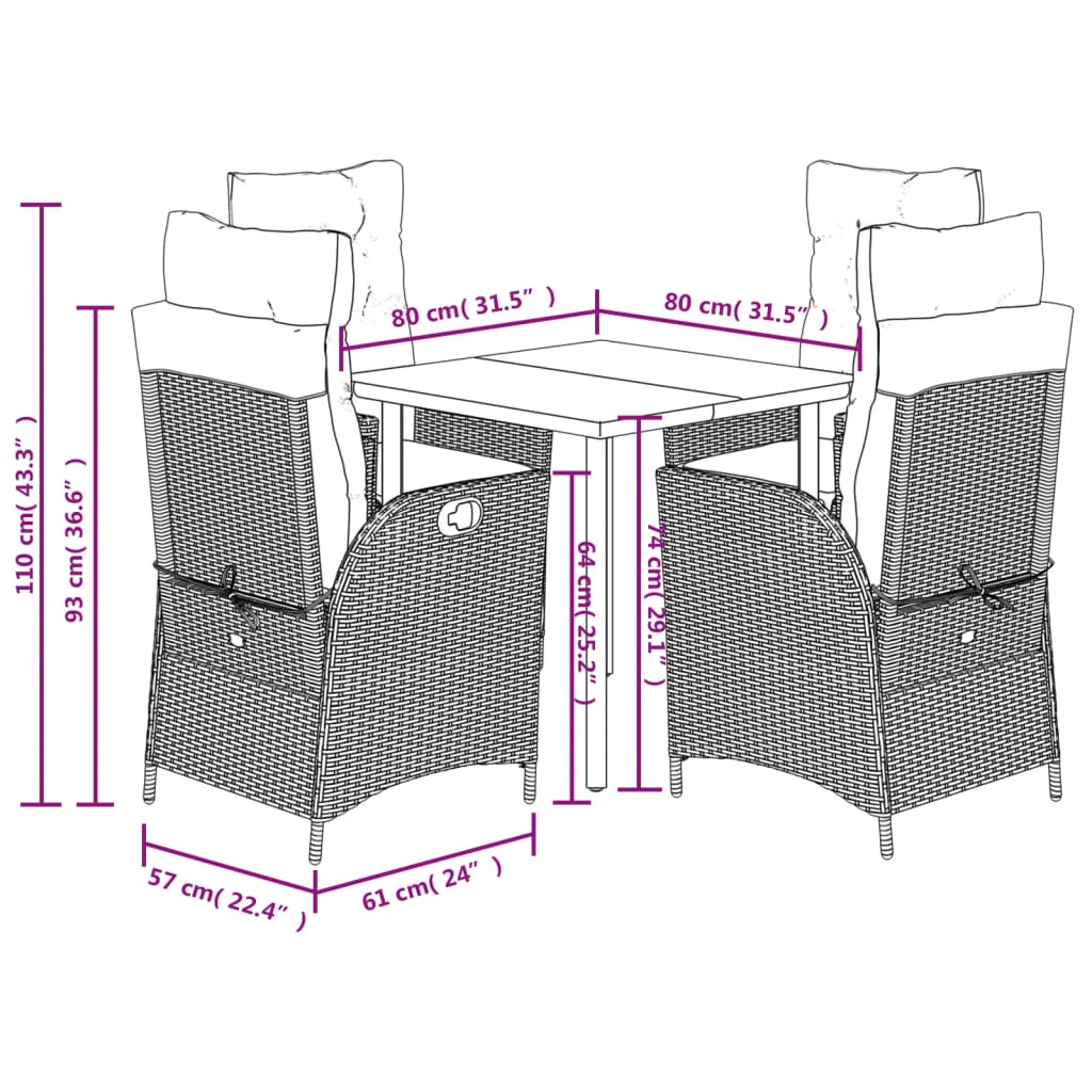 5-delige Tuinset met kussens poly rattan zwart