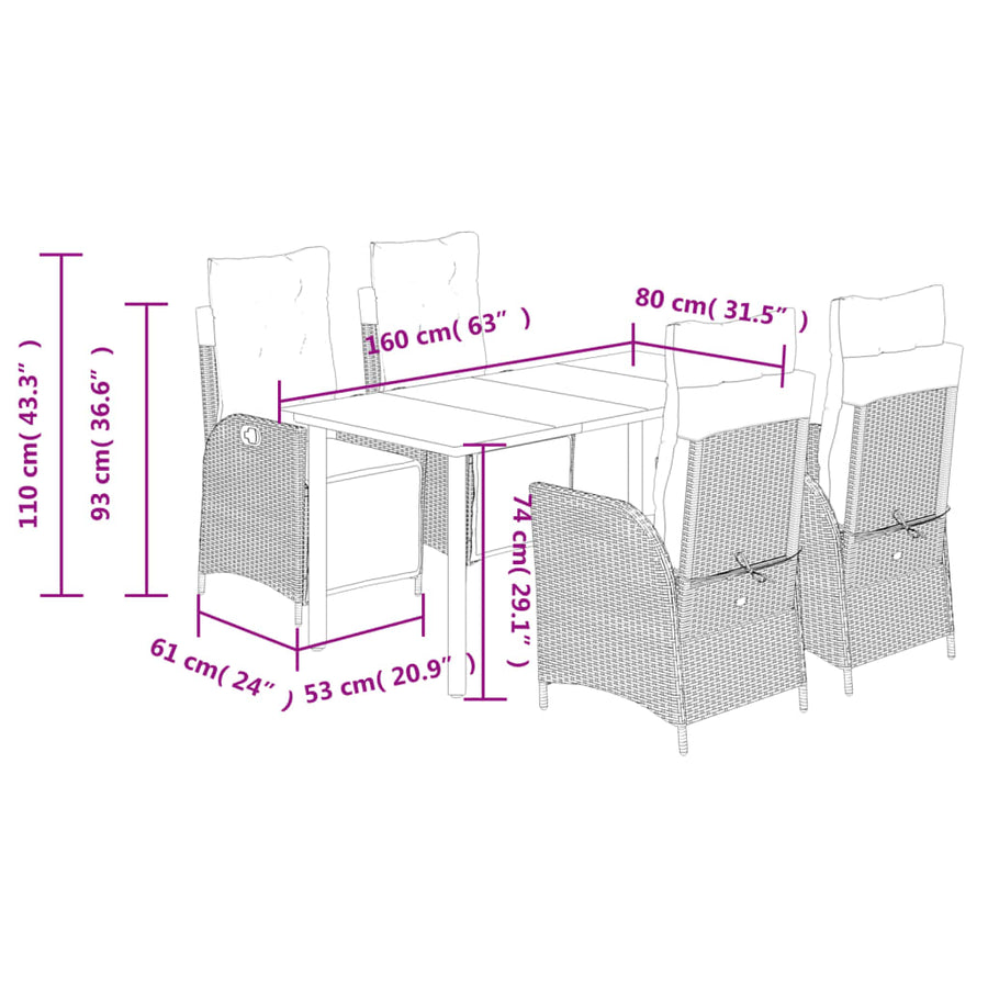5-delige Tuinset met kussens poly rattan zwart