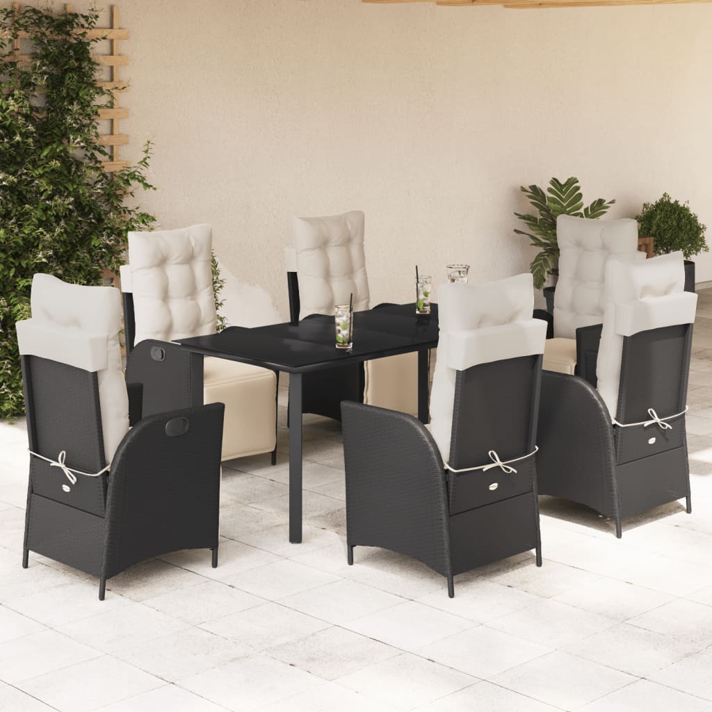 7-delige Tuinset met kussens poly rattan zwart