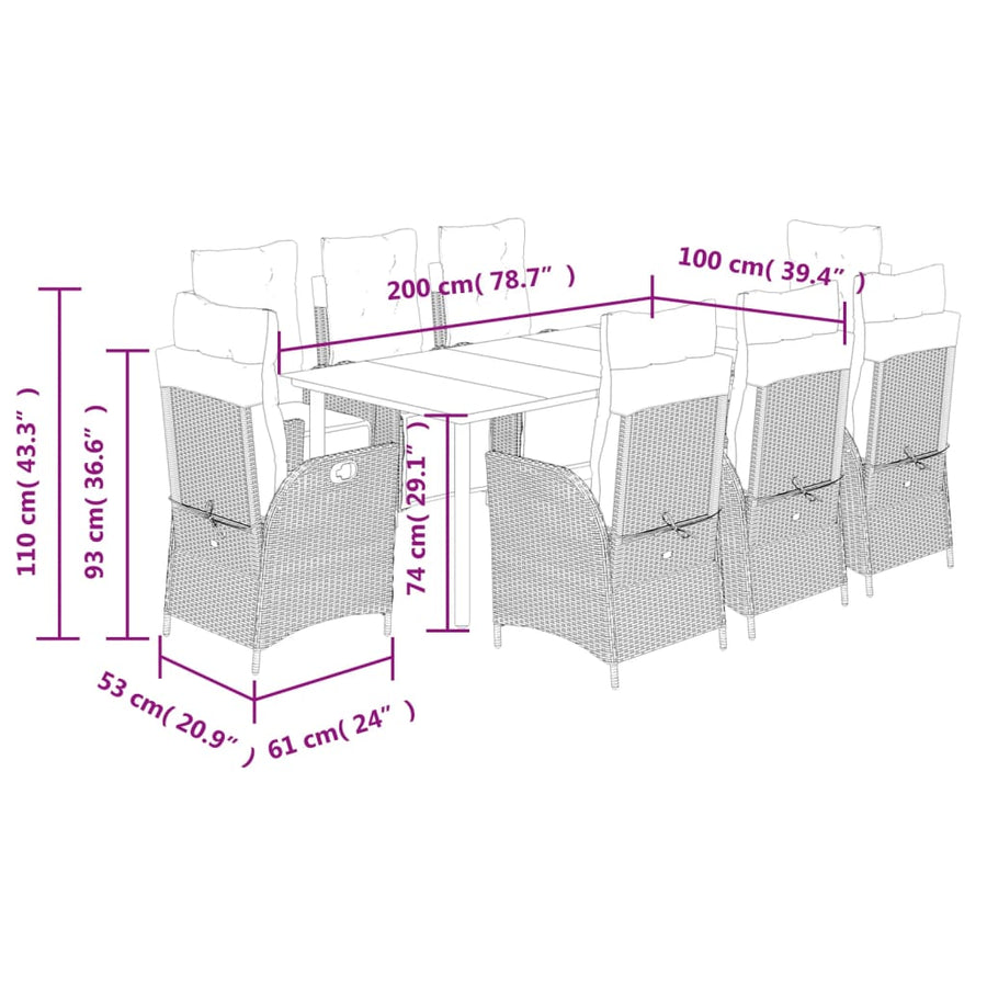9-Delige Tuinset Poly Rattan Zwart 8 200 cm tafellengte