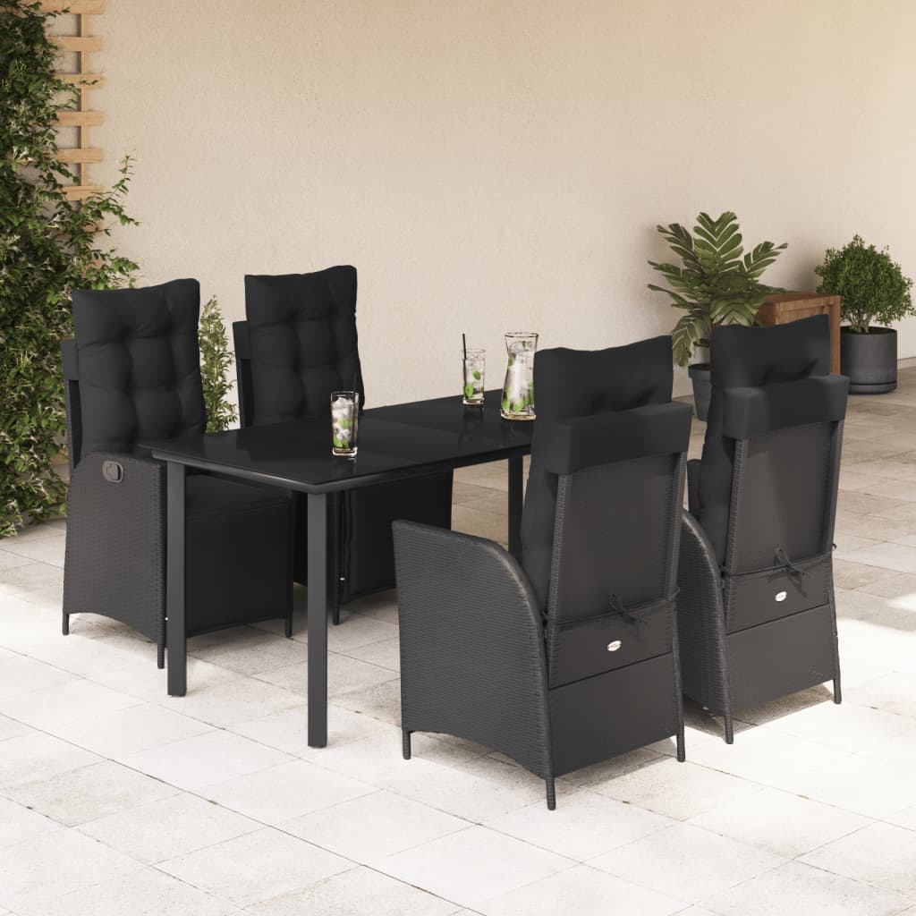 5-delige Tuinset met kussens poly rattan zwart