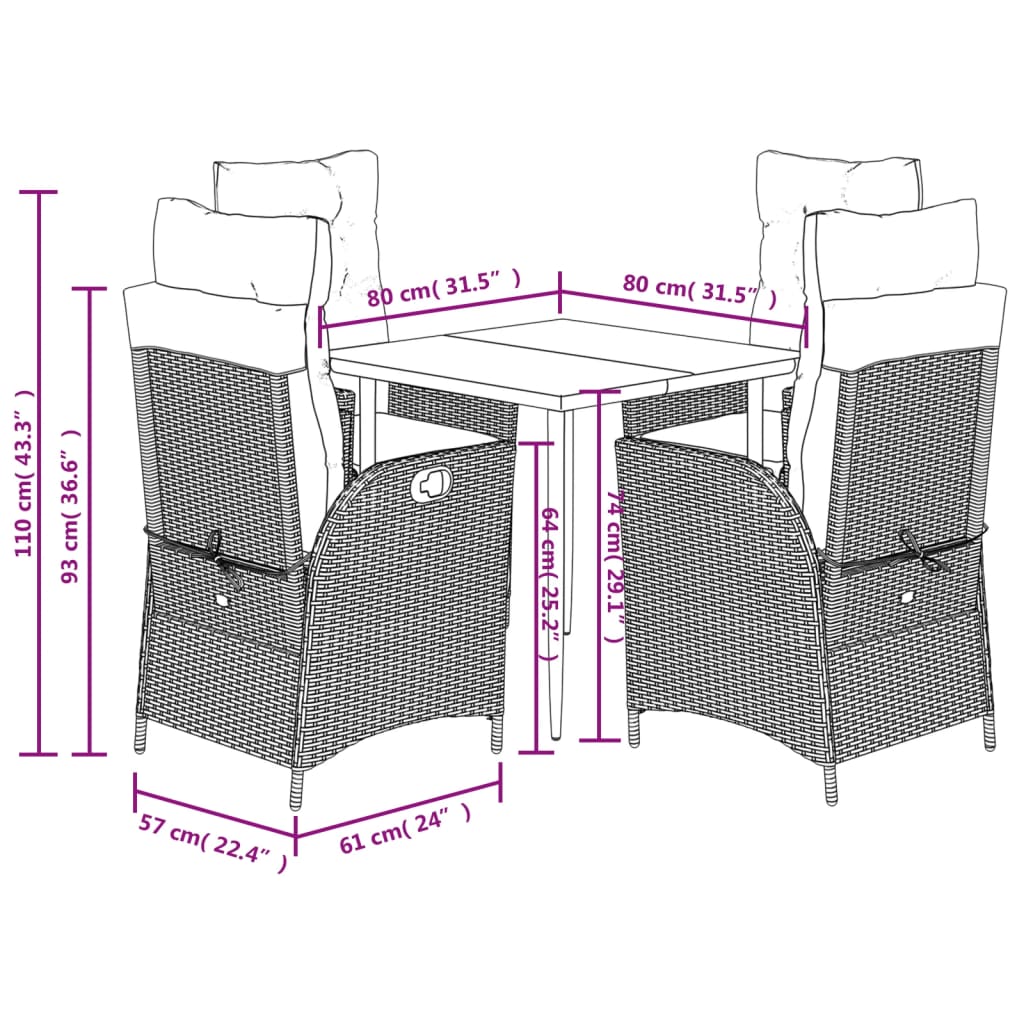 5-delige Tuinset met kussens poly rattan bruin
