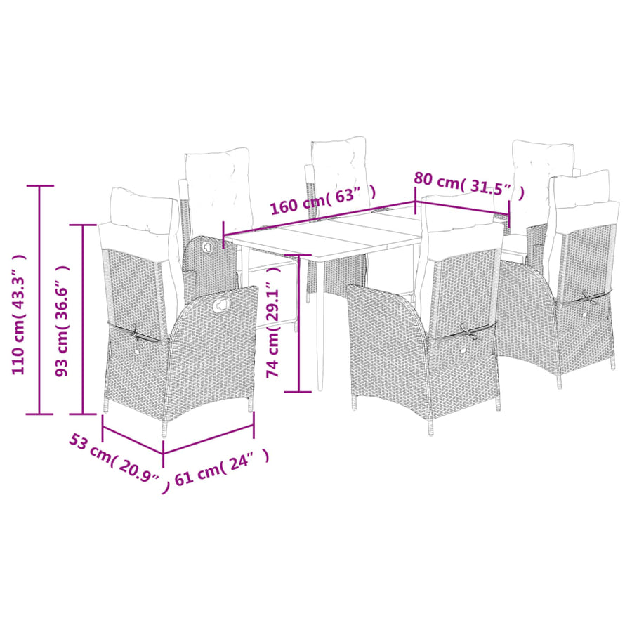 7-delige Tuinset met kussens poly rattan bruin