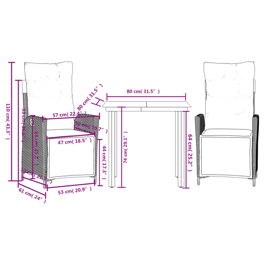 3-delige Tuinset met kussens poly rattan bruin