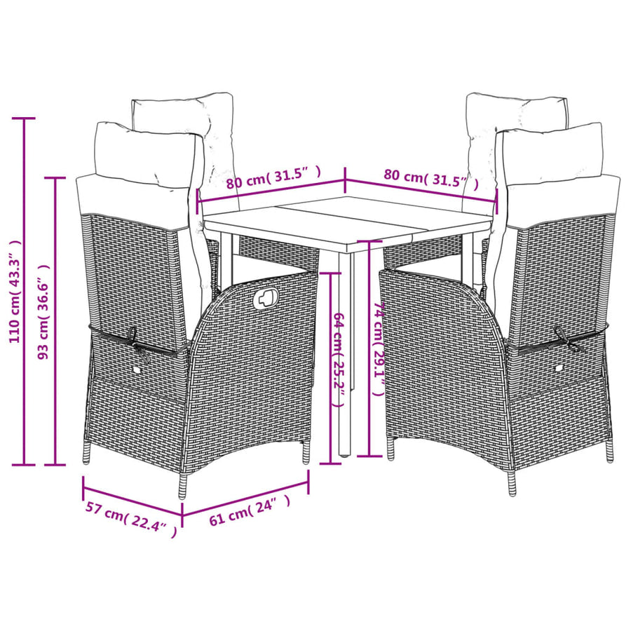5-delige Tuinset met kussens poly rattan bruin