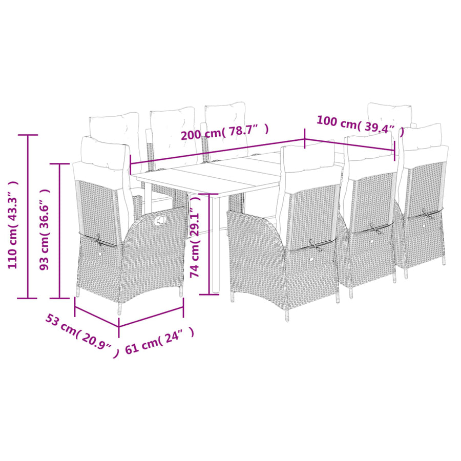 9-Delige Tuinset Met Kussens Poly Rattan Beige 8 200 cm tafellengte