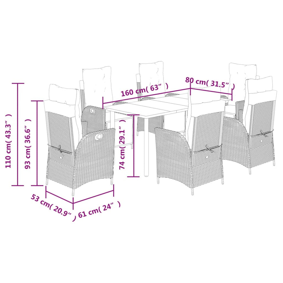 7-delige Tuinset met kussens poly rattan gemengd beige