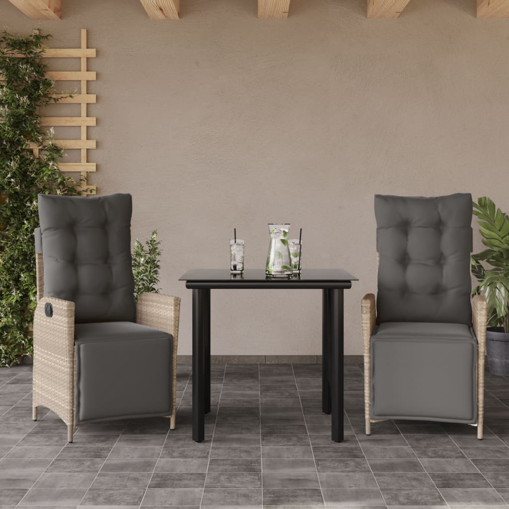 3-delige Tuinset met kussens poly rattan lichtgrijs