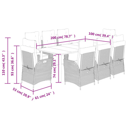 9-Delige Tuinset Met Kussens Poly Rattan Lichtgrijs 8 200 cm tafellengte