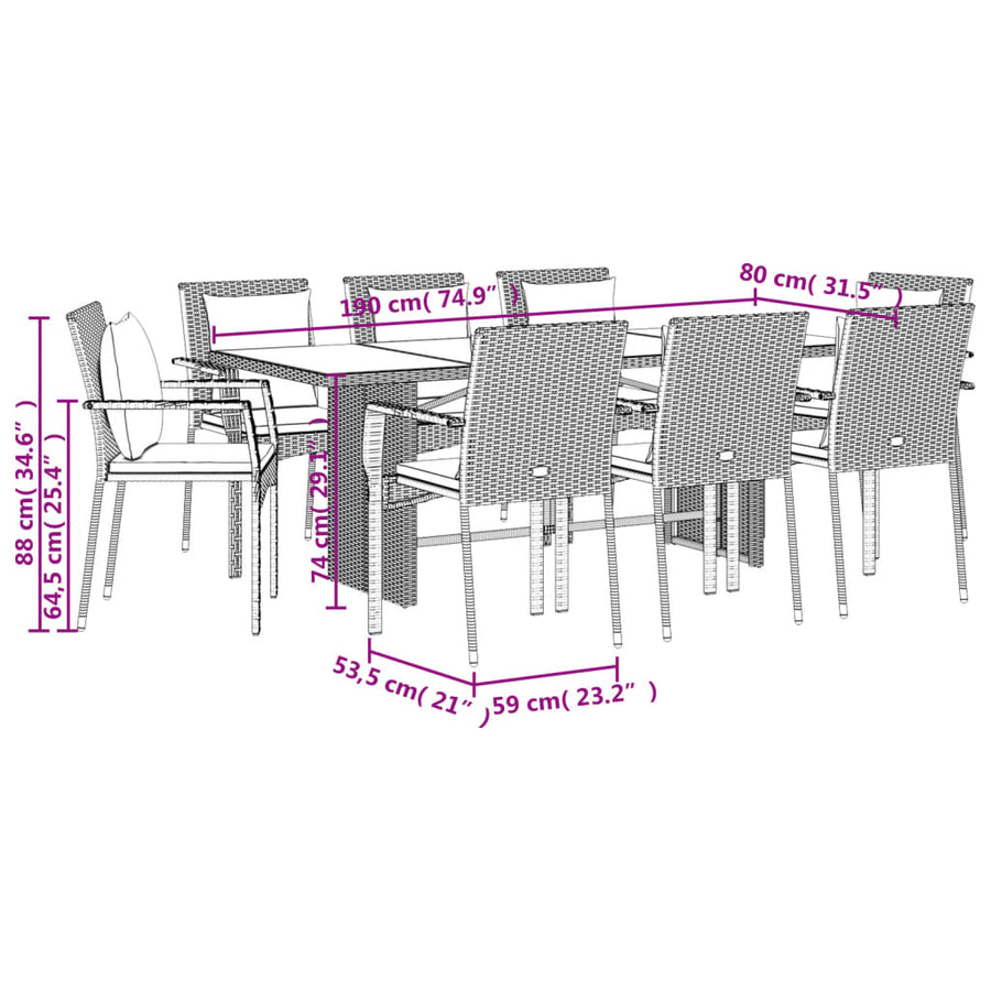 9-Delige Tuinset Met Kussens Poly Rattan Grijs