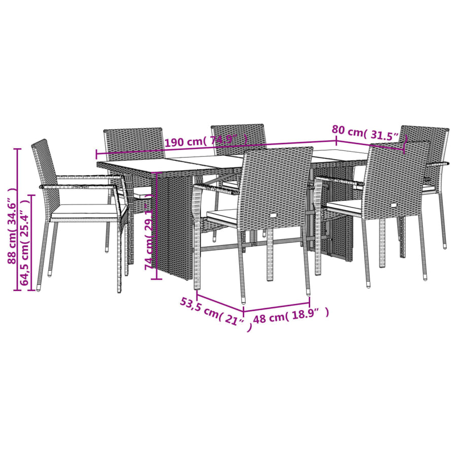 7-delige Tuinset met kussens poly rattan zwart