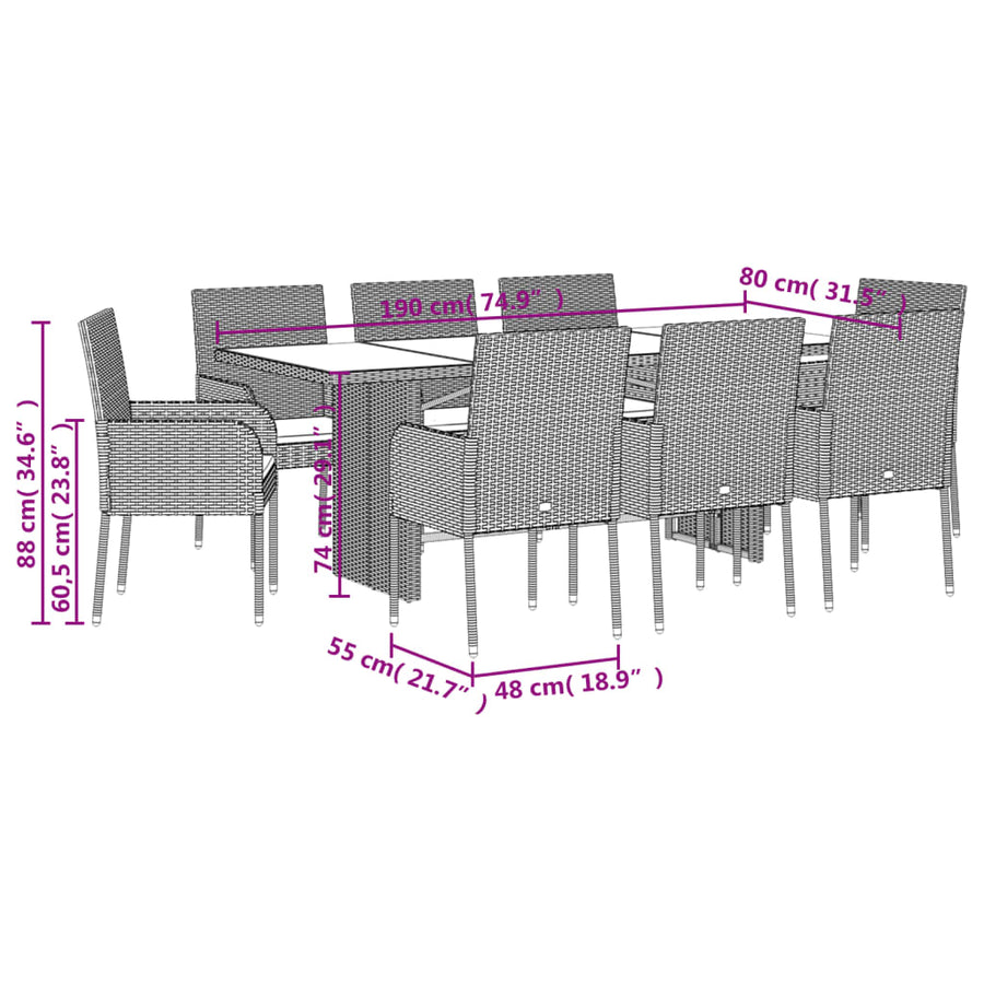 9-Delige Tuinset Met Kussens Poly Rattan 8 Grijs Hout