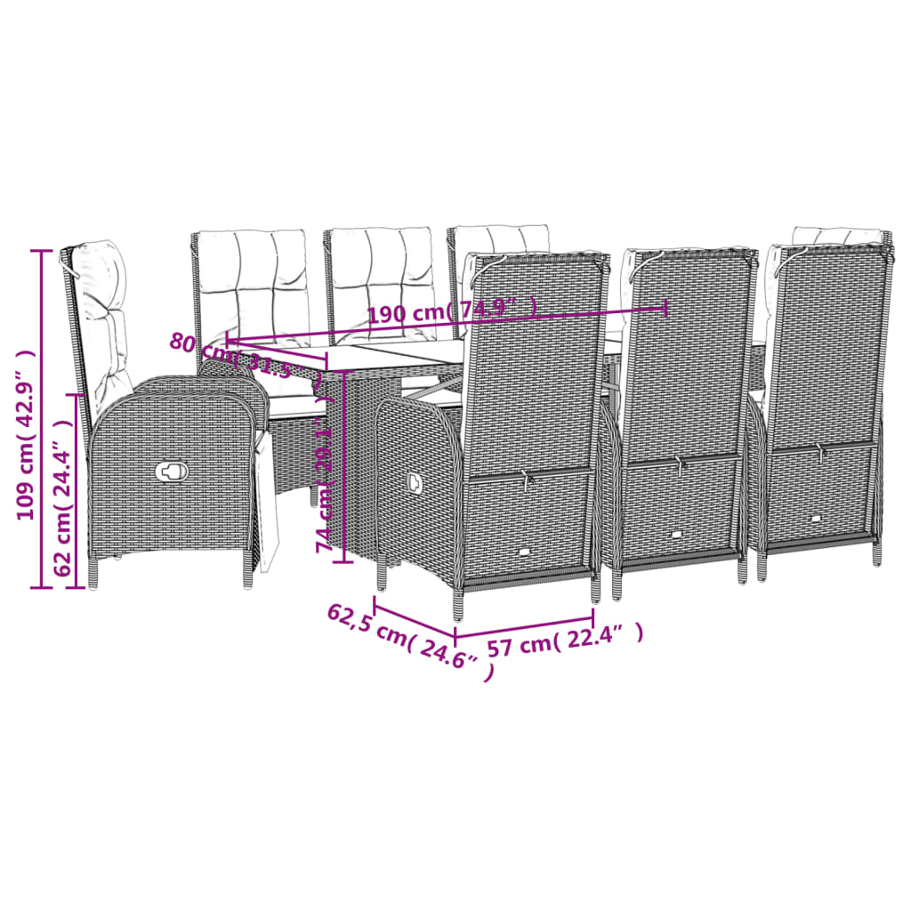 9-delige Tuinset met kussens poly rattan grijs